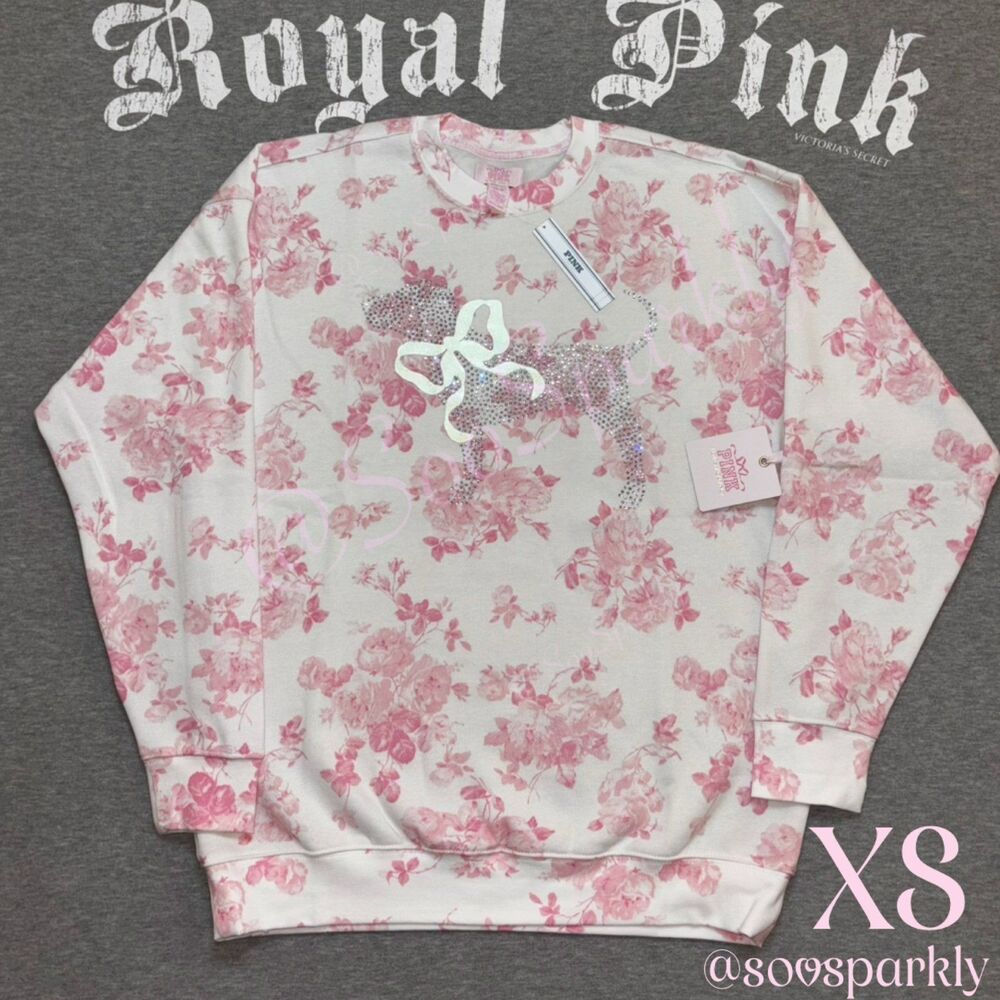 PINK x LoveShackFancy White Crewneck Pullover Sweatshirt Rhinestone Bling XS
